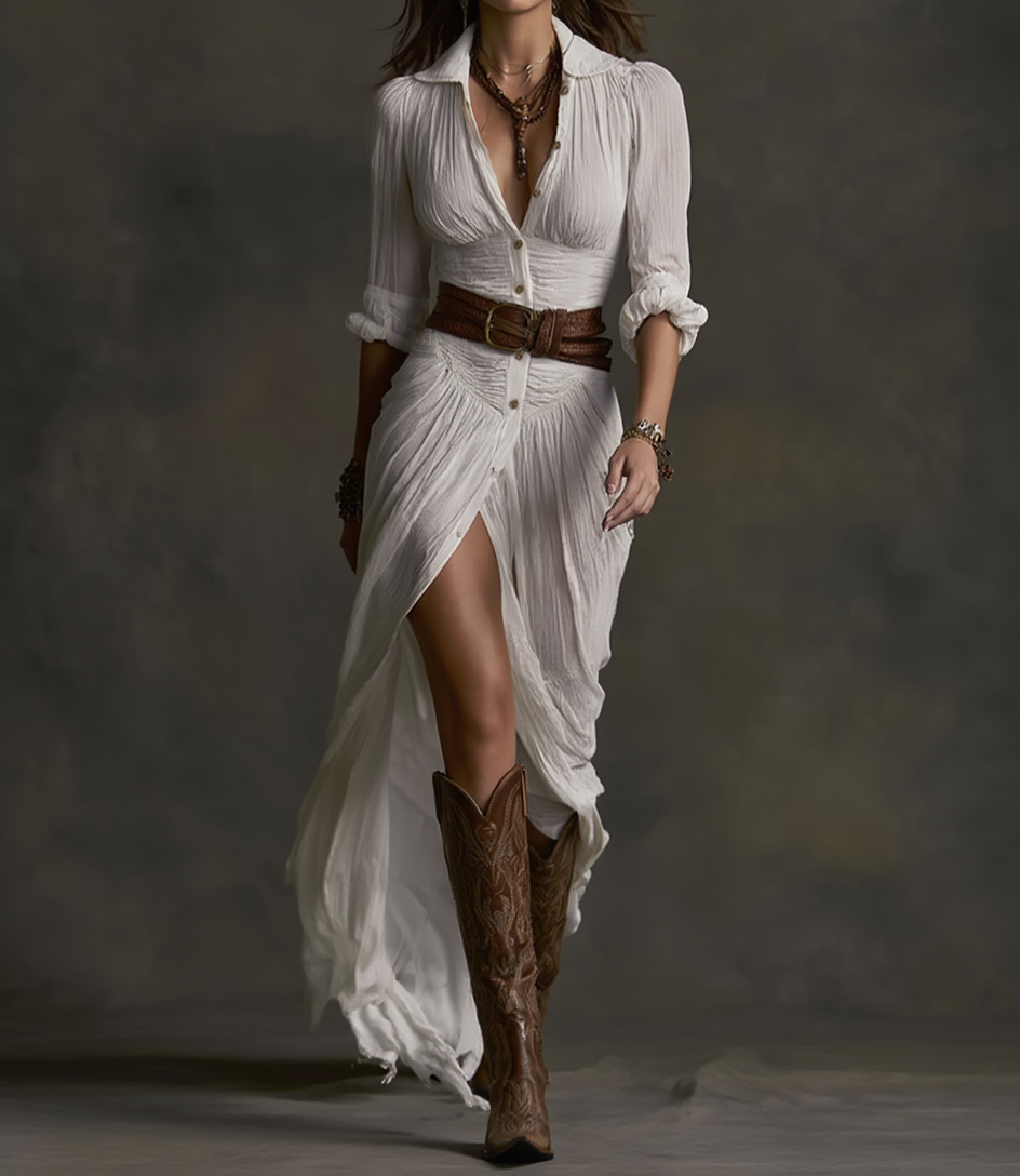 Aurora | Długa Sukienka Lniana z Odwróconym Kołnierzykiem