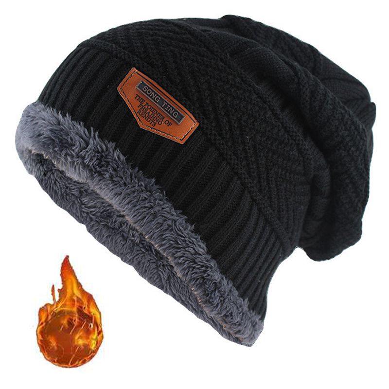 Czapka Beanie z Skóry na Zimę dla Mężczyzn, Dzianina, Miękka i Podszewka z Fleece