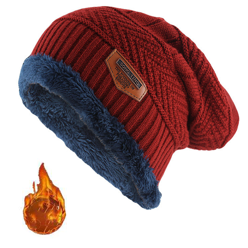 Czapka Beanie z Skóry na Zimę dla Mężczyzn, Dzianina, Miękka i Podszewka z Fleece
