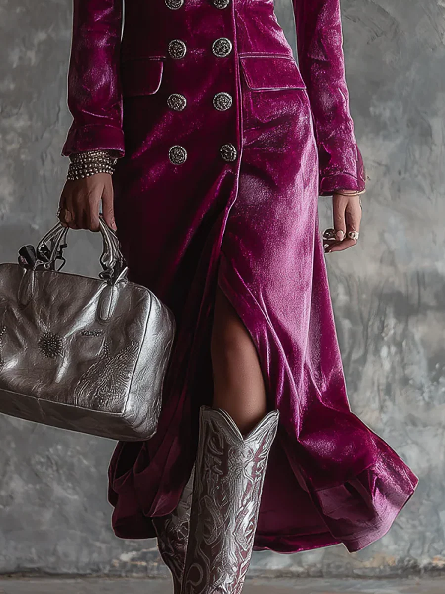 Długa Sukienka Maxi Blazer z Weluru Lila