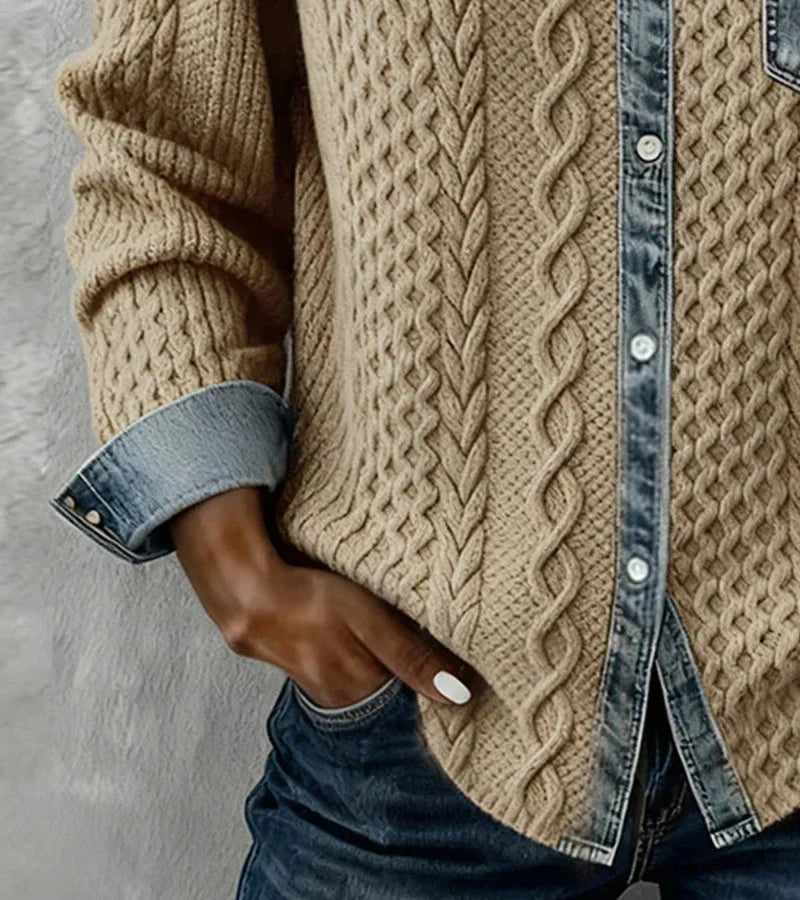 AMBRA - Top z Dzianiny Patchwork z Denimowymi Detalami