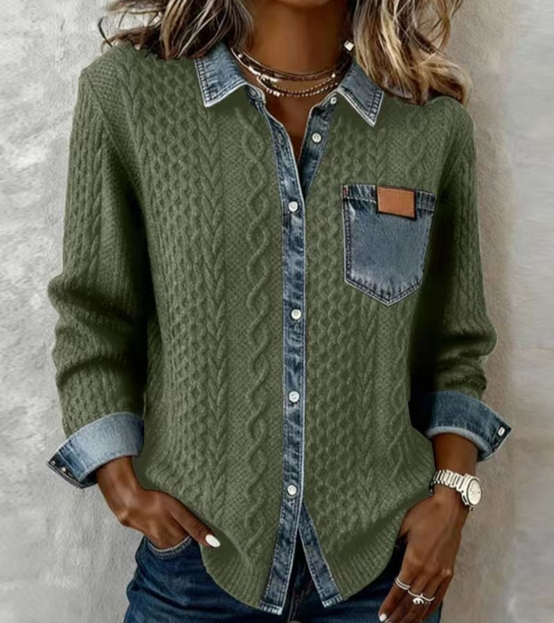 AMBRA - Top z Dzianiny Patchwork z Denimowymi Detalami