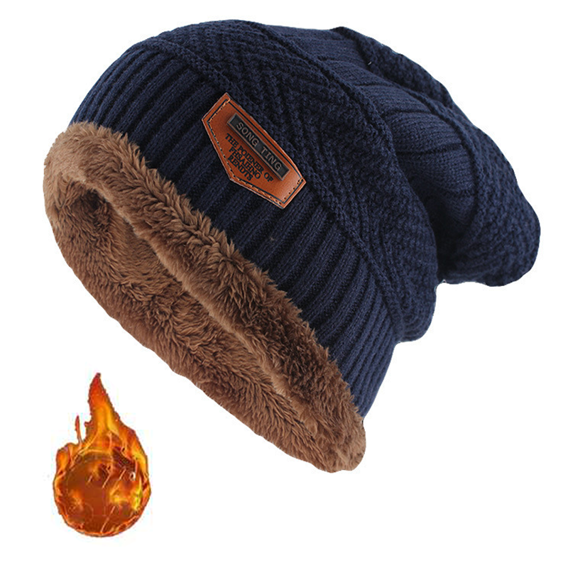 Czapka Beanie z Skóry na Zimę dla Mężczyzn, Dzianina, Miękka i Podszewka z Fleece